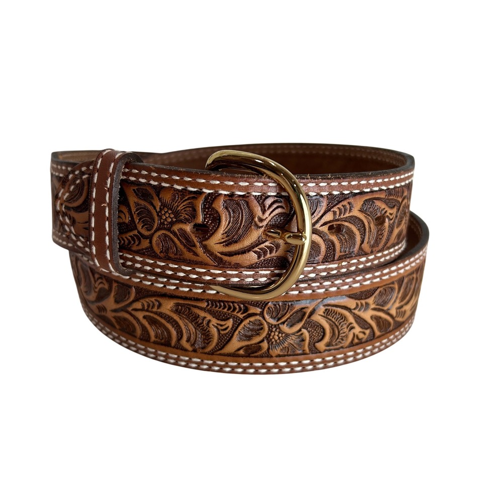 Floral Tooled Leather Top Grain Belt Womens 44 Tan Western Made in Texas USA